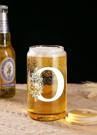 Coolife Initial Glass Cup, Monogrammed Gifts for Women, 16 oz Glass Cups w/Lids Straws, Iced Coffee Smoothie Beer Tumbler w/Straw Lid - Personalized Christmas, Birthday Gifts for Her Mom Friend Woman