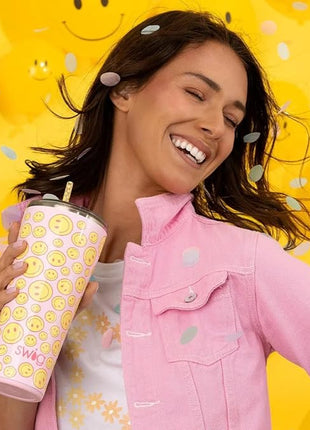 Swig Life 32oz Insulated Tumbler, Travel Coffee Tumbler with Lid, Cup Holder Friendly Travel Coffee Mug, Stainless Steel with Lid (Oh Happy Day)