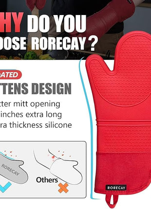 Rorecay 6pcs Oven Mitts and Pot Holders Sets for Kitchen, Extra Long Silicone Oven Gloves Heat Resistant 500 Degrees Non-Slip Potholders Hot Pads for Baking Cooking, Quilted Liner, Red