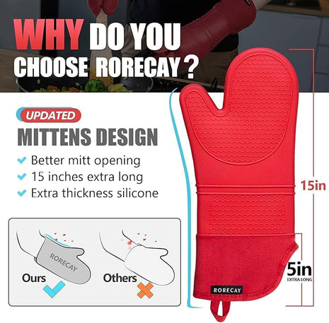 Rorecay 6pcs Oven Mitts and Pot Holders Sets for Kitchen, Extra Long Silicone Oven Gloves Heat Resistant 500 Degrees Non-Slip Potholders Hot Pads for Baking Cooking, Quilted Liner, Red