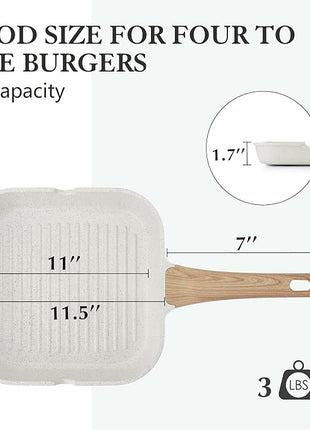 SENSARTE Nonstick Ceramic Grill Pan for Stove Tops, Versatile Square Grilling Pan with Pour Spouts, Durable Grill Skillet for All Stoves, Steak Bacon Pan, Non Toxic-PTFE,PFAS,PFOA Free, 11 Inch