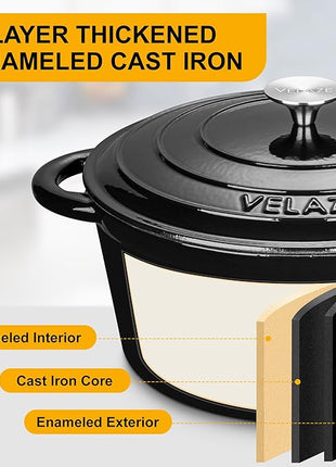 Velaze 7.5 QT Dutch Oven Pot with Lid, Enameled Cast Iron Dutch Oven with Dual Handles for Sourdough Bread Baking, Cooking, Non-stick Enamel Coated Cookware (Black)