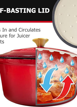 MUELLER HOME 4.5 QT Enameled Cast Iron Dutch Oven, Heavy-Duty Casserole Dish and Braiser Pan with Lid and Stainless Knob, Oven-Safe up to 500° F & Across All Cooktops, Red