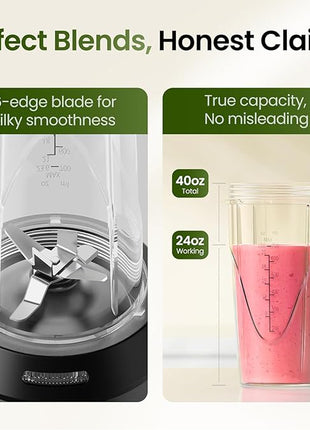TOPZEE Personal Smoothie Blender - 1000W Single Serve Smoothie Maker with 24oz Portable Travel Cups, Ideal for Protein Shakes, Frozen Drinks, and Kitchen Use