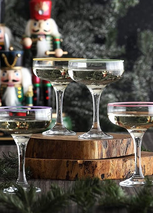 LAV Lead-Free Colorful Coupe Cocktail Glasses 8 oz Champagne Glass with Colored, Cleared Rims - Manhattan, Martini Glasses, Cocktails, Barware, Home, Restaurant, Birthday, Wedding Parties | Set of 4