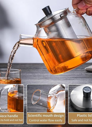 50OZ Glass Teapot With Infuser, Tea Pot for Stove Top, 1500ML Glass Tea Cup With Infuser and Lid, Microwave and Dishwasher Safe