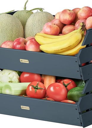 HABAU Wood Potato Onion Storage Bins - Wooden Stackable Produce Basket - Fruit Vegetable Storage for Kitchen Pantry Organization, Set 2 Pieces