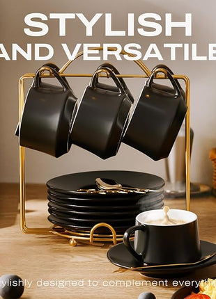 Lareina 3-Ounce Porcelain Espresso Cups Set of 6, Stackable Coffee Cups with Saucers, Spoons and Metal Stand, Ceramic Demitasse Mugs, Espresso Accessories for Machine, Black
