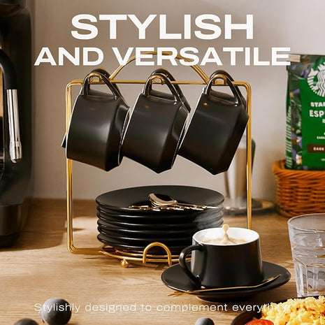 Lareina 3-Ounce Porcelain Espresso Cups Set of 6, Stackable Coffee Cups with Saucers, Spoons and Metal Stand, Ceramic Demitasse Mugs, Espresso Accessories for Machine, Black