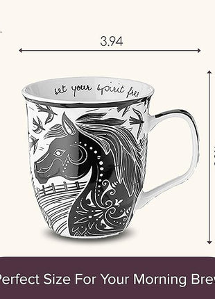 Karma Gifts 16 oz Black and White Boho Mug Horse - Cute Coffee and Tea Mug - Ceramic Coffee Mugs for Women and Men