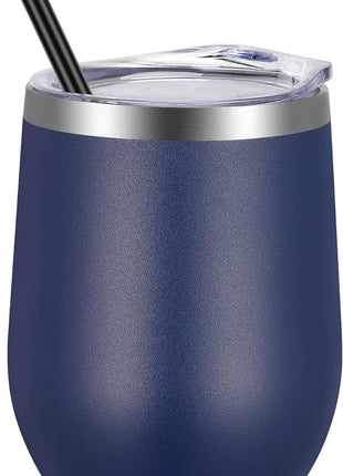 VEGOND 12oz Stainless Steel Wine Tumbler with Lid and Straw, Double Wall Vacuum Insulated Stemless Wine Glass Tumbler Cup, Coffee Mug for Cold Hot Drinks