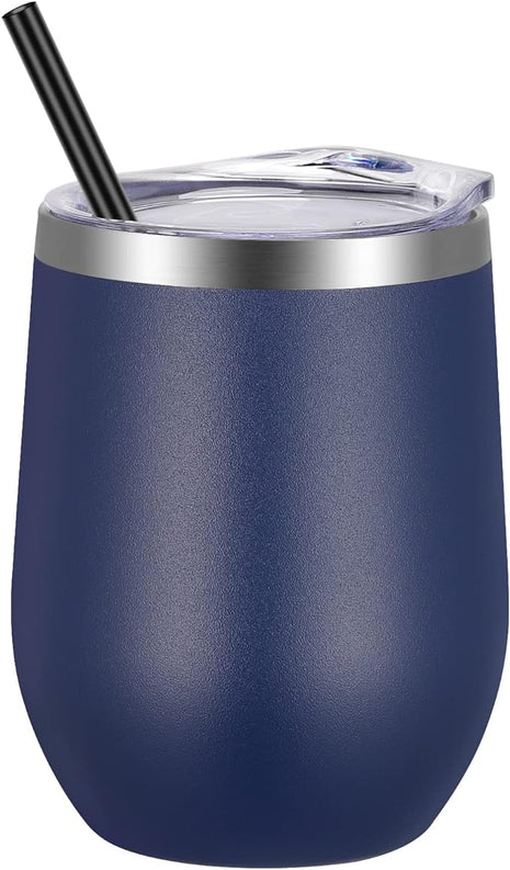 VEGOND 12oz Stainless Steel Wine Tumbler with Lid and Straw, Double Wall Vacuum Insulated Stemless Wine Glass Tumbler Cup, Coffee Mug for Cold Hot Drinks