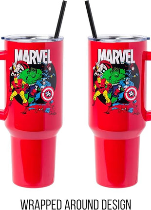 Silver Buffalo Marvel Avengers Stainless Steel Tumbler with Handle and Straw Featuring Captain America, Thor, Hulk, Iron Man, Black Widow, and Spiderman, Fits in Standard Cup Holder, 40 Ounces