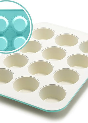 GreenLife 12-Cup Muffin Pan, PFAS-Free Healthy Nonstick Baking Tray, 11.4" x 1.9" x 15.9", Durable Ceramic Bakeware, Cupcakes, Egg Bites, Tarts, Brownies, Turquoise