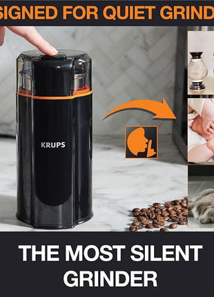 KRUPS Silent Vortex Electric Coffee Grinder: 3 oz Capacity, 5x Quieter, 175W Motor for Coffee Beans, Spices & Herbs - Removable Dishwasher-Safe Bowl, 12-Cup Yield, Black