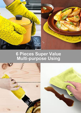 KEGOUU Oven Mitts and Pot Holders 6pcs Set, Kitchen Oven Glove High Heat Resistant 500 Degree Extra Long Oven Mitts and Potholder with Non-Slip Silicone Surface for Cooking (Yellow)