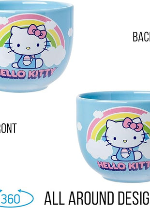 Silver Buffalo Hello Kitty Rainbow and Clouds Ceramic Ramen Noodle Rice Bowl with Chopsticks, Microwave Safe, 20 Ounces