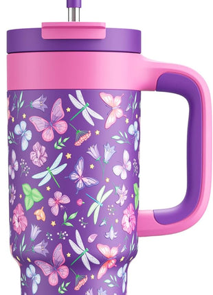 24 oz Insulated Tumbler for Kids: Spill-Proof, 2-in-1 Straw Lid, Cold for 26 Hrs, Stainless Steel Cup with Handle for School, Camping, Gift, Daily, Outdoor, Trip, Travel, Vacation (Butterfly Field)