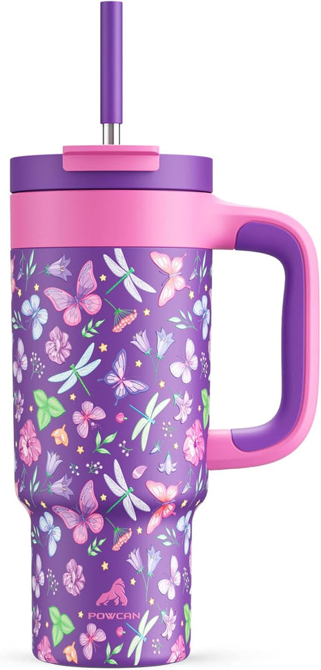 24 oz Insulated Tumbler for Kids: Spill-Proof, 2-in-1 Straw Lid, Cold for 26 Hrs, Stainless Steel Cup with Handle for School, Camping, Gift, Daily, Outdoor, Trip, Travel, Vacation (Butterfly Field)