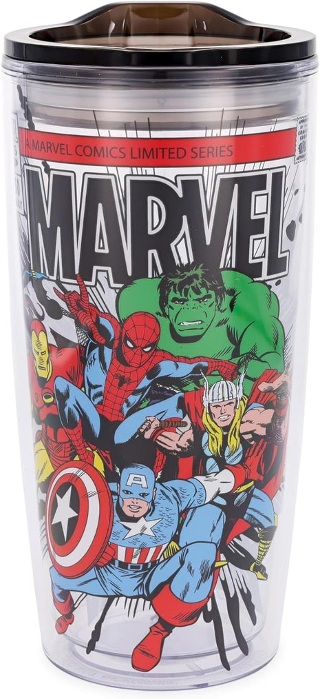 Silver Buffalo Marvel Avengers Featuring Spider-Man, Captain America, Thor, Hulk, and Iron Man Double Wall Travel Tumbler with Slide Close Lid, 20 Ounces