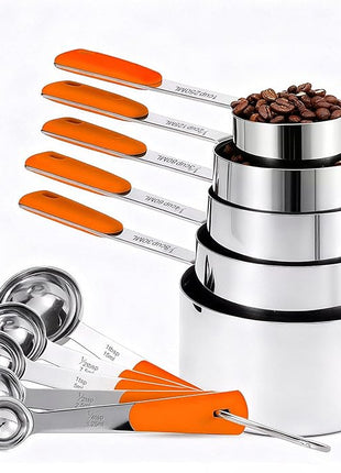 Measuring Cups and Spoons Set Stainless Steel 10 Piece for Cooking and Baking (5 Cups + 5 Spoons, Orange Handle)