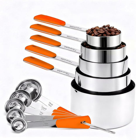 Measuring Cups and Spoons Set Stainless Steel 10 Piece for Cooking and Baking (5 Cups + 5 Spoons, Orange Handle)