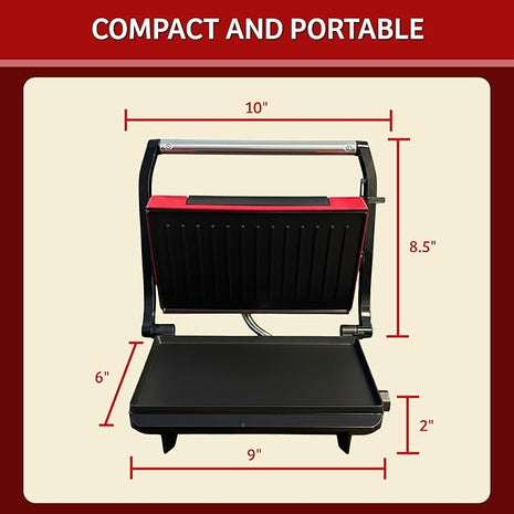 Panini Press - Sandwich Maker with Nonstick Plates - Indoor Countertop Grill for Cooking Burgers, Steak, Grilled Cheese, and More (Red)