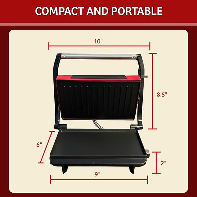 Panini Press - Sandwich Maker with Nonstick Plates - Indoor Countertop Grill for Cooking Burgers, Steak, Grilled Cheese, and More (Red)