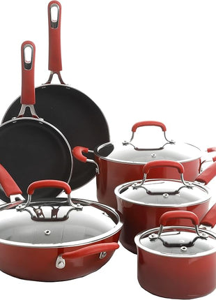 Kenmore Elite Andover Nonstick Platinum Forged Aluminum Cookware Set, 10-Piece, Red Gradient
