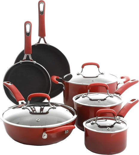 Kenmore Elite Andover Nonstick Platinum Forged Aluminum Cookware Set, 10-Piece, Red Gradient