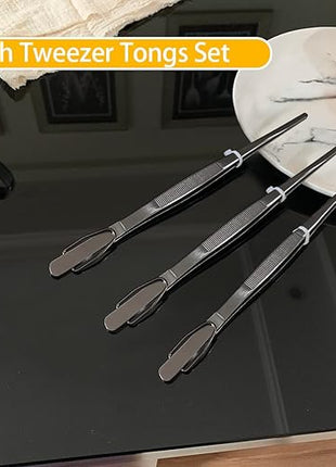 JETKONG 7 Inch Tweezers Tongs Mini Kitchen Food Tweezers Small Cooking Thin Tongs, Set of 3 (7 7 7 Inch, Black)