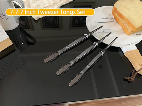 JETKONG 7 Inch Tweezers Tongs Mini Kitchen Food Tweezers Small Cooking Thin Tongs, Set of 3 (7 7 7 Inch, Black)