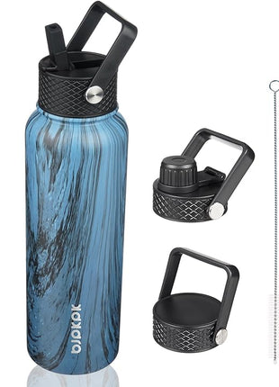 BJPKPK Insulated Water Bottles with Straw Lid, 40oz Stainless Steel Water Bottles with 3 Lids, BPA Free Leakproof Thermo, Tumblers, Cups for Sports- Wood Prussian Blue