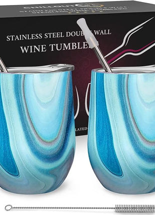 CHILLOUT LIFE 12 oz Stainless Steel Wine Tumblers 2 Pack - Double Wall Vacuum Insulated Wine Glasses Cups with Lids and Straws Set Keeping Cold & Hot for Coffee, Beer, Ice Cream - Ocean Marble Pattern
