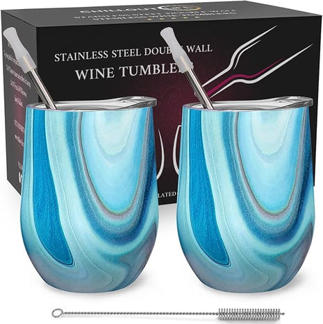 CHILLOUT LIFE 12 oz Stainless Steel Wine Tumblers 2 Pack - Double Wall Vacuum Insulated Wine Glasses Cups with Lids and Straws Set Keeping Cold & Hot for Coffee, Beer, Ice Cream - Ocean Marble Pattern