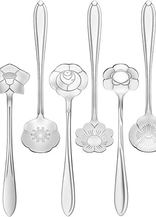Chengu 8 Pieces Flower Coffee Tea Spoons Stainless Steel Sugar Spoons Tea Party Flower Fancy Tableware Set Stir Bar Creative Stirring Teaspoon, 8 Different Patterns(Silver)