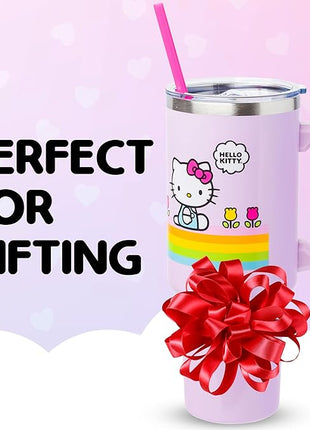 Silver Buffalo Sanrio Hello Kitty Spring and Summer Flowers Rainbow Stripes Stainless Steel Tumbler with Handle and Straw, Fits in Standard Cup Holder, 40 Ounces