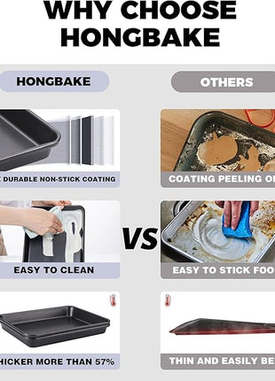 HONGBAKE 2 Pack 9.7X7.5" Toaster Oven Pans for Baking, 57% Thicker Nonstick 1/8 Cookie Sheet Pan Set, Small Baking Tray, Dishwasher Safe and Heavy Duty, Black