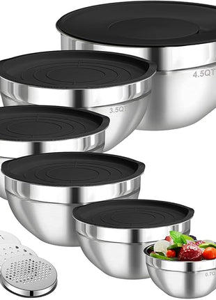 Mixing Bowls with Lids Set, 6 PCS Stainless Steel Mixing Bowls with 3 Grater Attachments, Kitchen Food Storage Organizers Nesting Mixing Bowl, Large Size 4.5, 3.5, 2.1, 1.5, 1.1, 0.7QT-Black