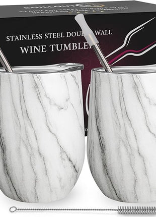 CHILLOUT LIFE 12 oz Stainless Steel Wine Tumblers 2 Pack - Double Wall Vacuum Insulated Wine Glasses Cups with Lids and Straws Set Keeping Cold & Hot for Coffee, Beer, Ice Cream - Carrara Marble