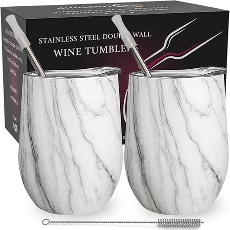 CHILLOUT LIFE 12 oz Stainless Steel Wine Tumblers 2 Pack - Double Wall Vacuum Insulated Wine Glasses Cups with Lids and Straws Set Keeping Cold & Hot for Coffee, Beer, Ice Cream - Carrara Marble