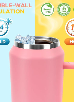 TaroKitc 64 oz Tumbler with Handle and Straw, Double Wall Stainless Steel Insulated Tumbler Mug, Large Coffee Travel Water Bottle, Keeps Cold for 34 Hours - Cream