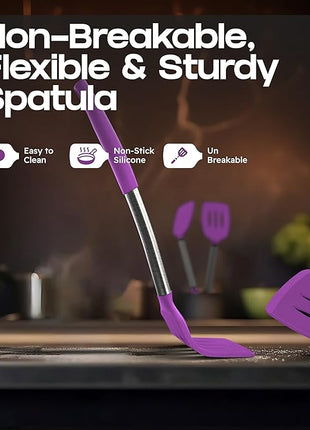 Silicone Spatula Set - Turner Spatulas Silicone Heat Resistant 600°F - Slotted & Solid Silicone Spatulas for Cooking Fish, Eggs, Pancakes Flipper – Silicone Cooking Utensils Set – Purple