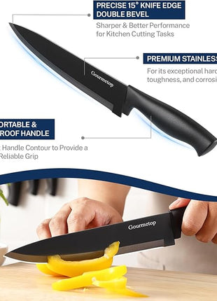 Kitchen Knife Set with No Drilling Magnetic Strip for Kitchen Black Titanium Small Cooking Knives, Sharp Stainless Steel Chef Knife Set for Cutting Meat & Vegetable