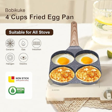 Fried Egg Pan, Egg Frying Pan 4 Cups Egg Poacher Pan Nonstick Mini Pancake Pan Burger Maker for Breakfast, Aluminum Alloy (Black)
