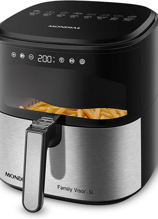 Mondial - Air Fryer Digital Visor Inox 5.3QT Capacity - High Power & Elegant Stainless Steel Finish - Black & Inox
