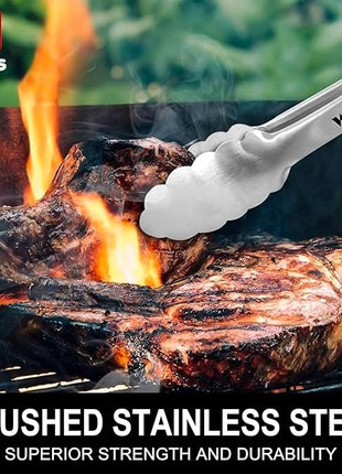 Tong for cooking, Walfos kitchen tongs set of 2 - Heat Resistant 600℉, Heavy Duty Locking Metal cooking Tongs, Stainless Steel BBQ Grilling,(All Metal 12in+16in)