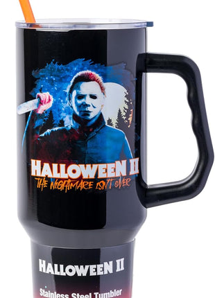 Silver Buffalo Halloween II “The Nightmare Isn’t Over” Stainless Steel Tumbler with Handle Featuring Michael Myers, Fits in Standard Cup Holder, 40 Ounces