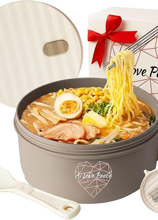 AI LOVE PEACE Ramen Bowl, 40 oz Microwaveable Noodle Cooker for Ramen, Pho, Soup, and Pasta, Dishwasher Safe and Portable, Ideal for Home, Office, Dorm, or Gift (Beige)