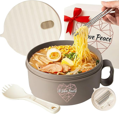 AI LOVE PEACE Ramen Bowl, 40 oz Microwaveable Noodle Cooker for Ramen, Pho, Soup, and Pasta, Dishwasher Safe and Portable, Ideal for Home, Office, Dorm, or Gift (Beige)